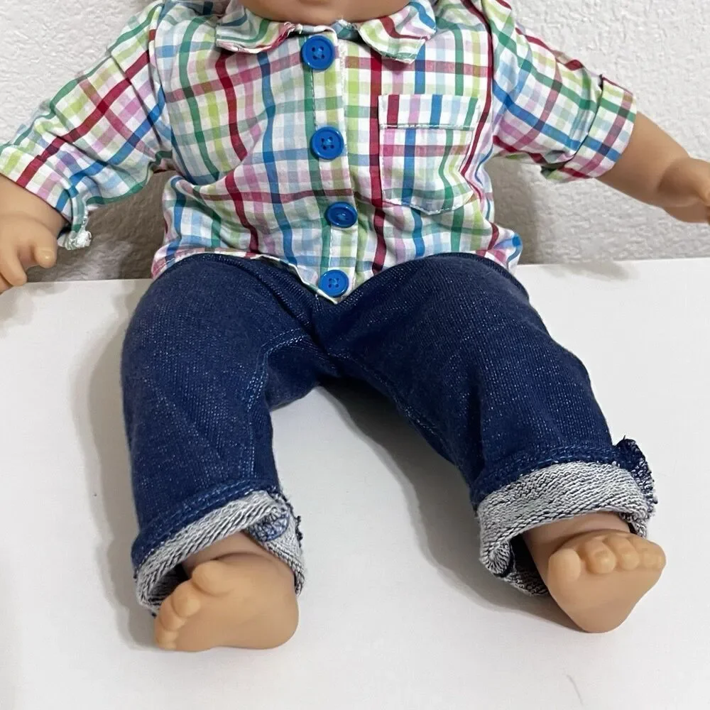 American Girl Bitty Baby Boy Twin Doll Brown Hair Brown Eyes Plaid Shirt 16